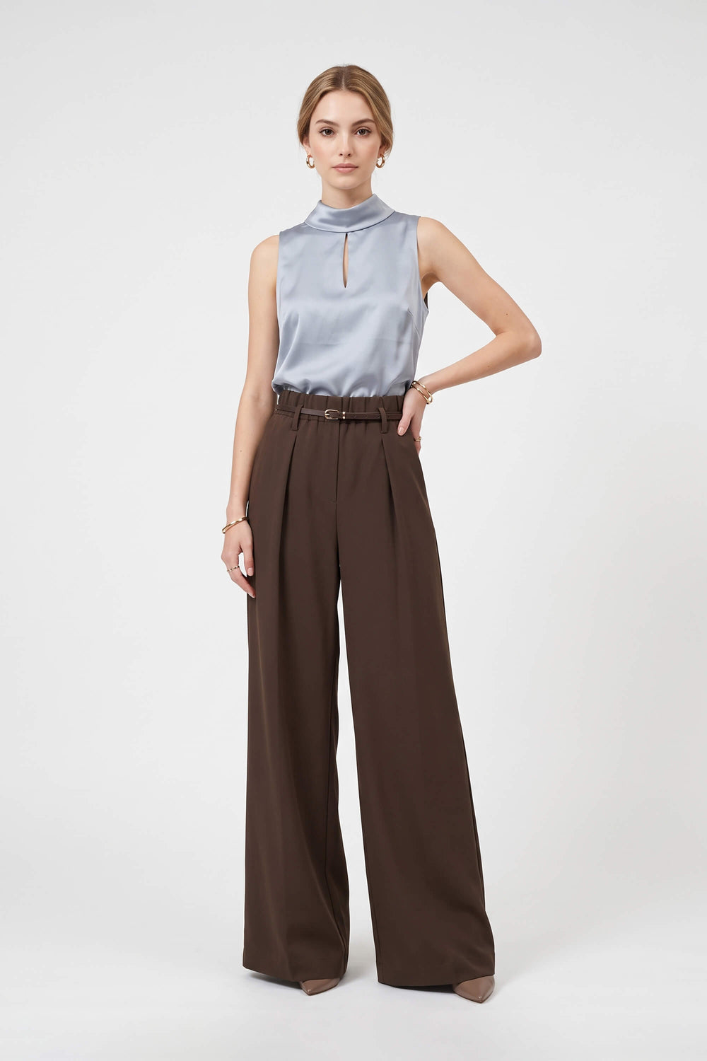 Romina Belted High-Waist Wide-Leg Pantalón 532169 CAF - Reina Diaz