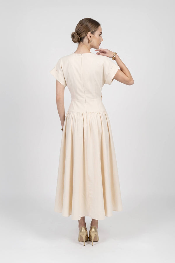 Romina Front-Bow Cutout Midi Vestido 526320 CRE - Reina Diaz