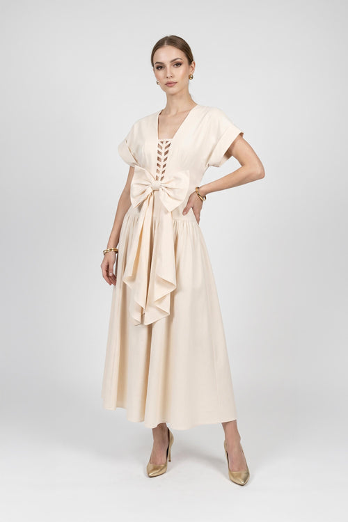 Romina Front-Bow Cutout Midi Vestido 526320 CRE - Reina Diaz