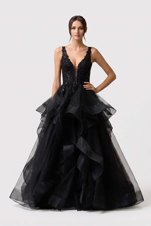 Silvia Ruffle Cascade Maxi Vestido 421462 NEG - Reina Diaz