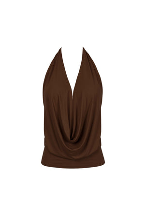 Sofía Halter Cowl-Neck Backless Blusa 753039 CAF - Reina Diaz