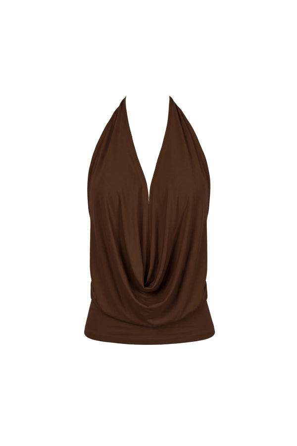 Sofía Halter Cowl-Neck Backless Blusa 753039 CAF - Reina Diaz