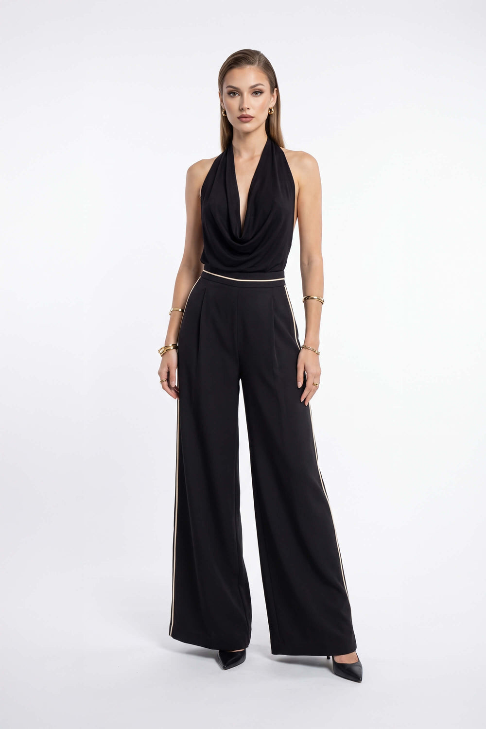 Sofía Halter Cowl-Neck Backless Blusa 753039 NEG - Reina Diaz