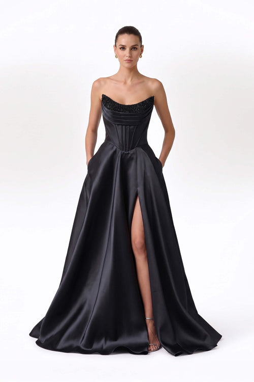 Sofía Strapless Corset Beaded Vestido 421463 NEG - Reina Diaz
