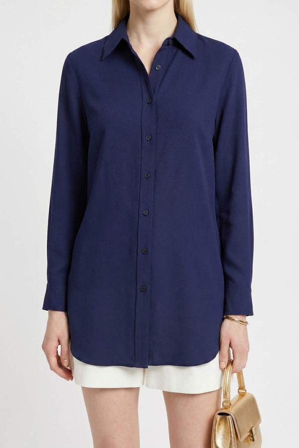 Trieste Navy Striped Rayon Tailored Shirt - Reina Diaz