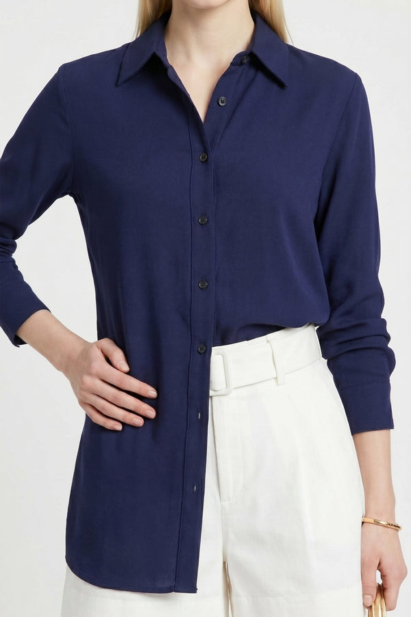 Trieste Navy Striped Rayon Tailored Shirt - Reina Diaz