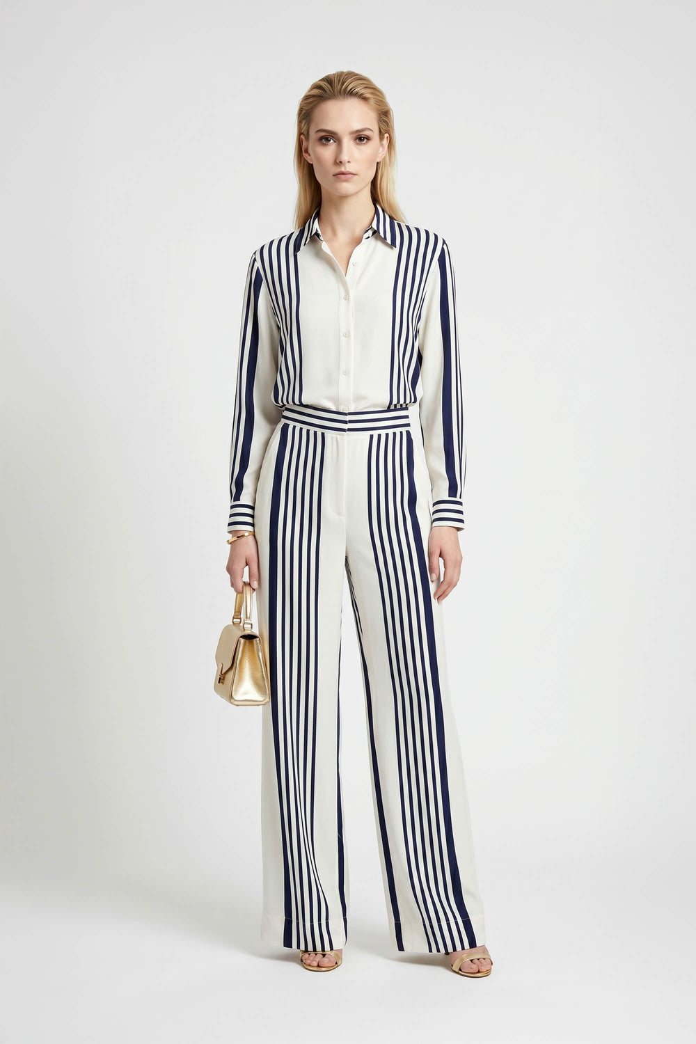Trieste Navy Striped Rayon Tailored Shirt - Reina Diaz