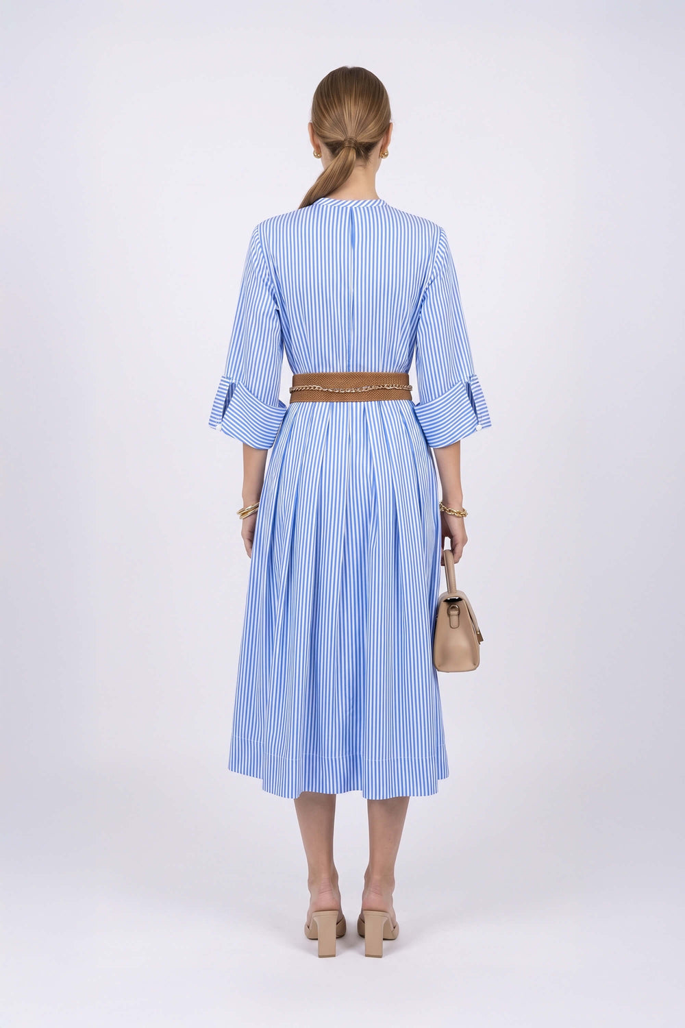 Victoria Belted Striped Midi Vestido 723113 AZU - Reina Diaz