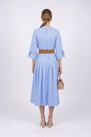 Victoria Belted Striped Midi Vestido 723113 AZU - Reina Diaz