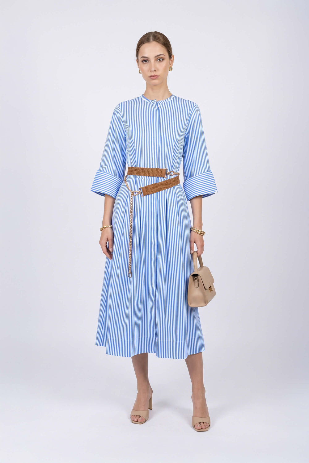 Victoria Belted Striped Midi Vestido 723113 AZU - Reina Diaz