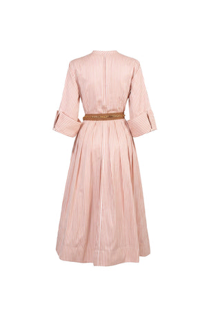 Victoria Belted Striped Midi Vestido 723113 BEI - Reina Diaz