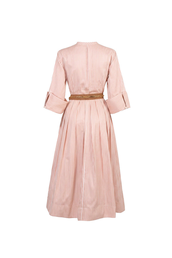 Victoria Belted Striped Midi Vestido 723113 BEI - Reina Diaz