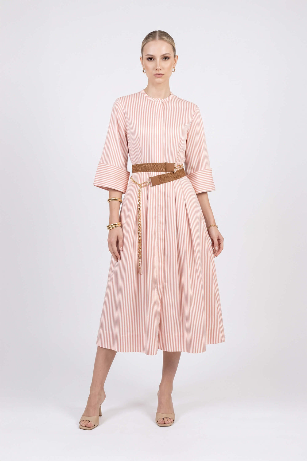 Victoria Belted Striped Midi Vestido 723113 BEI - Reina Diaz