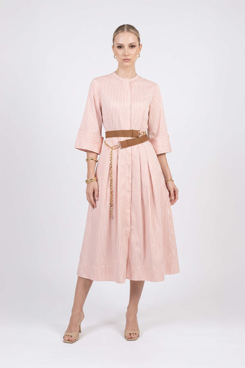 Victoria Belted Striped Midi Vestido 723113 BEI - Reina Diaz