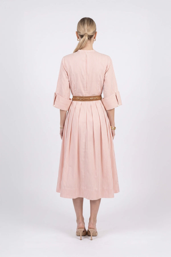 Victoria Belted Striped Midi Vestido 723113 BEI - Reina Diaz
