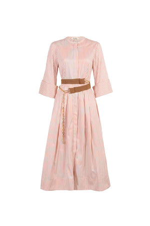 Victoria Belted Striped Midi Vestido 723113 BEI - Reina Diaz