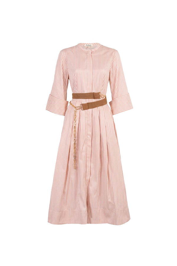 Victoria Belted Striped Midi Vestido 723113 BEI - Reina Diaz